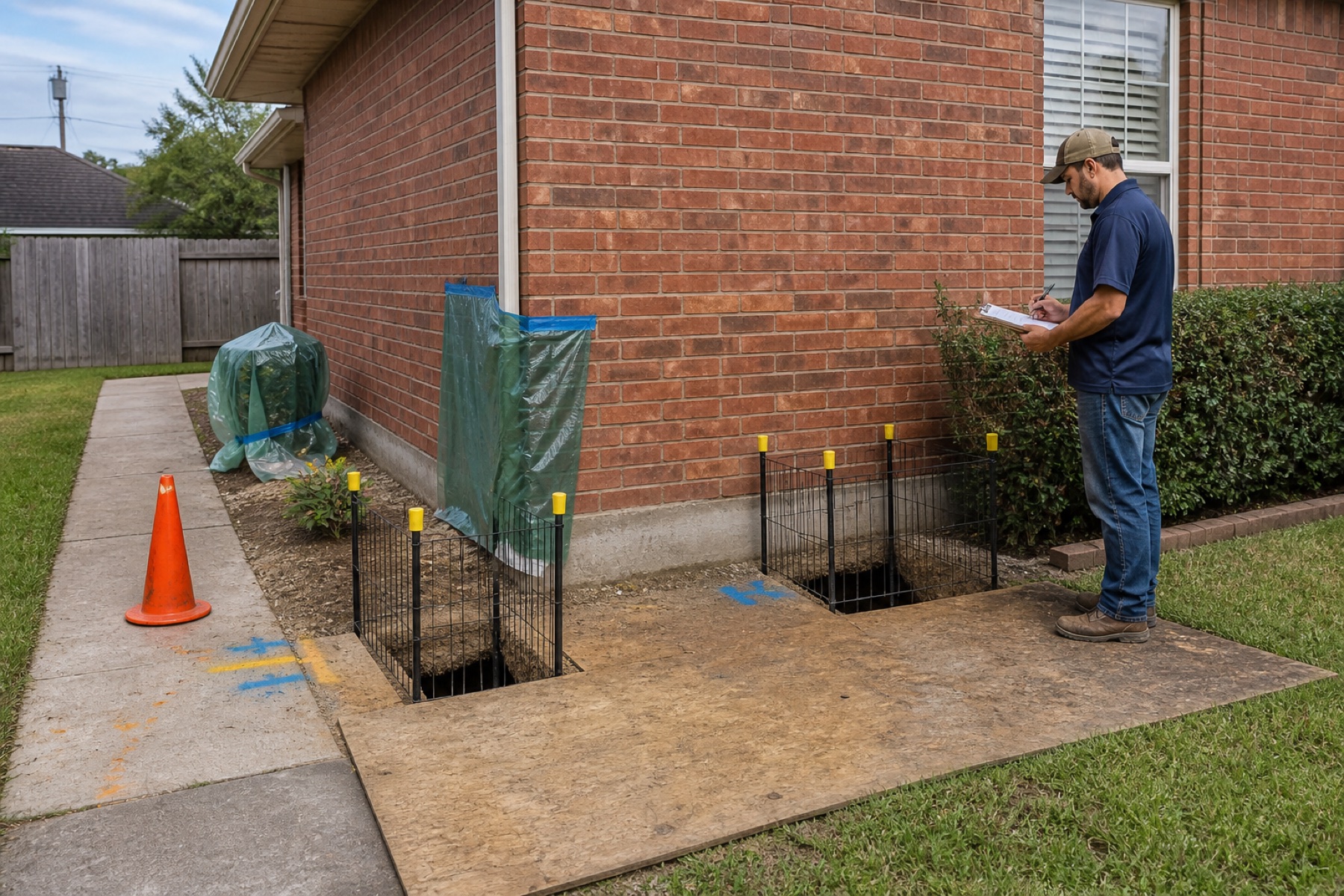 Illustrative exterior foundation-pier access planning with protected landscaping and work areas