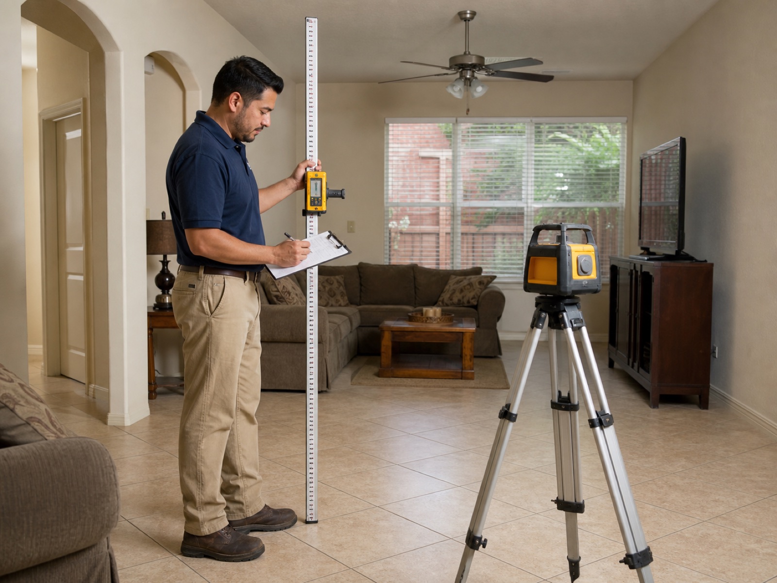 Illustrative Houston-area foundation evaluation with a technician using a rotary laser and grade rod to measure floor elevations